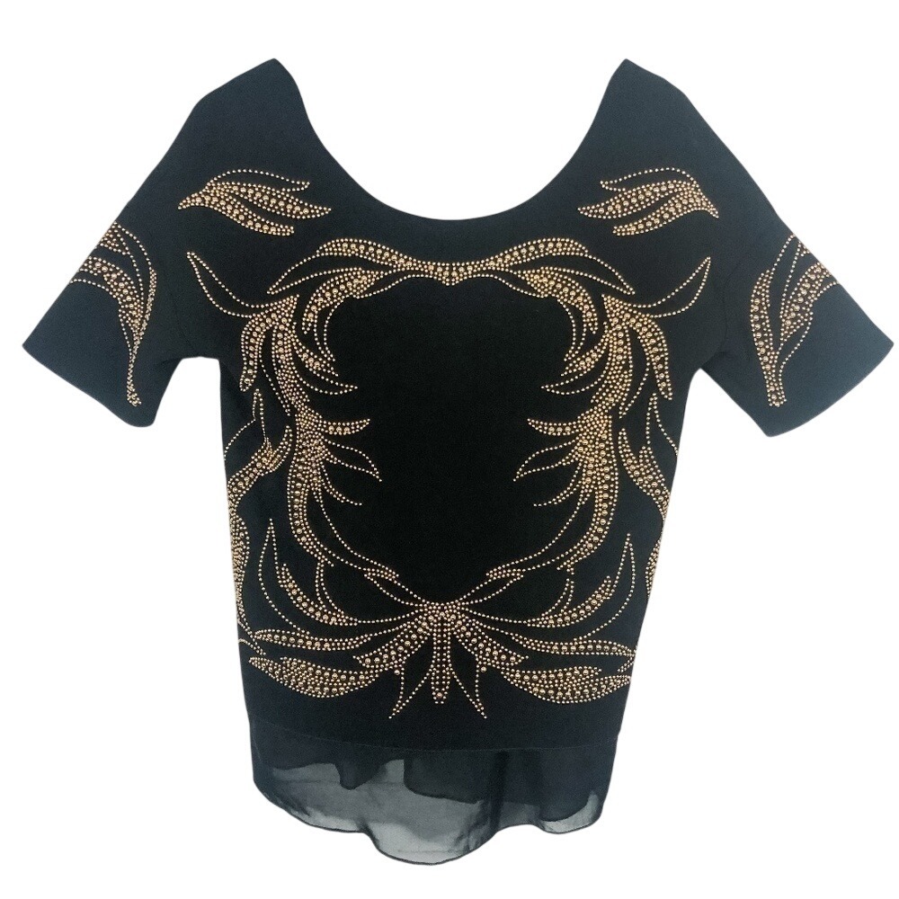 Zara W & B Black Gold Studded Short Sleeve Blouse Size S